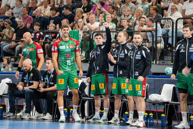 Fuechse Berlin GER vs. SC Magdeburg GER, Handball, Men s Handball Bundesliga 1, 2026 Rexel Supercup, 2026–2027 Season, Munich, August 22, 2026: Antonio Serradilla (SC Magdeburg, 15), Tim Bennet Thielicke (SC Magdeburg, 08, Omar Ingi Magnusson (SC Magdeburg), 14, and Lukas Mertens (SC Magdeburg), 22, celebrate after a save at the SAP Garden in Munich, Germany