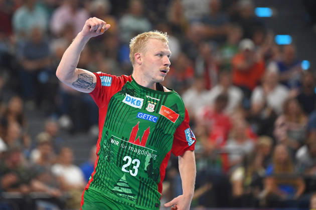 Magnus SAUGSTRUP SC Magdeburg, Celebration, joy, excitement, action, single frame, cropped single subject, half-length portrait, half-figure. Men’s Handball Rexel Super Cup 2026: SC Magdeburg vs. Füchse Berlin on August 22, 2026, at SAP GARDEN, Munich