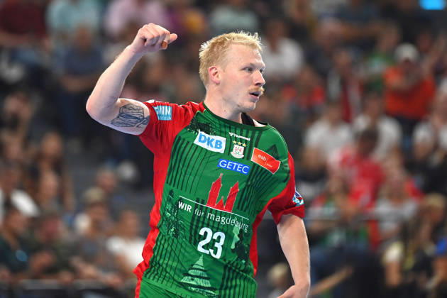 Magnus SAUGSTRUP SC Magdeburg, Celebration, joy, excitement, action, single frame, cropped single subject, half-length portrait, half-figure. Men’s Handball Rexel Super Cup 2026: SC Magdeburg vs. Füchse Berlin on August 22, 2026, at SAP GARDEN, Munich