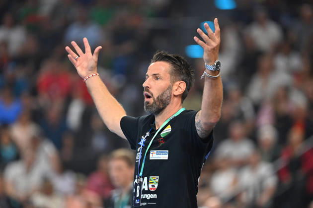 Coach Bennet WIEGERT of SC Magdeburg, at a loss,Gesture, single frame, cropped close-up, half-length shot, half-figure, Men’s Handball Rexel Super Cup 2026: SC Magdeburg vs. Füchse Berlin on August 22, 2026, at SAP Garden, Munich