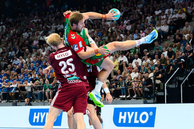 Munich HBL Super Cup 2026: SC Magdeburg vs. Füchse Berlin—Matthes Langhoff (Berlin) and Albin Lagergren (SC Magdeburg) in a one-on-one matchup at SAP Garden, Munich, Bavaria, Germany
