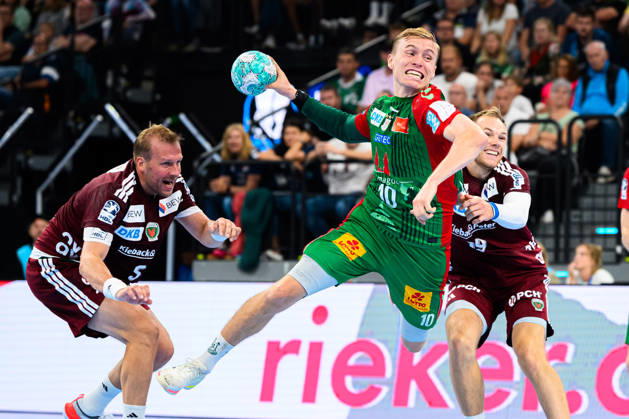 Munich HBL Super Cup 2026 SC Magdeburg vs. Fuechse Berlin: Max Darj (Berlin), Gisli Thorgeir Kristjansson (SC Magdeburg), Mathias Gidsel (Berlin); Munich SAP Garden, Bavaria, Germany