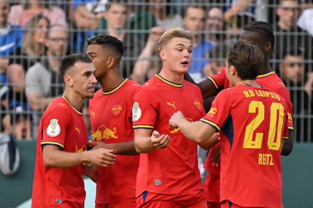 August 22, 2026, xjhx, Soccer, DFB Cup 1st Round, Eintracht Trier vs. RB Leipzig: Goal celebration after Conrad Harder Schandorff scored the 0-4 goal for RB Leipzig against Trier