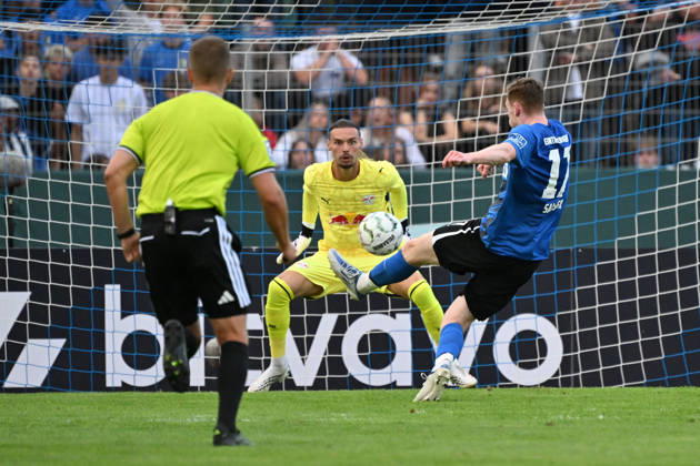 August 22, 2026, xjhx, Soccer, DFB Cup, First Round, Eintracht Trier vs. RB Leipzig, Maarten Vandevoordt (RB Leipzig), Tim Sausen (SV Eintracht Trier 05 Trier)