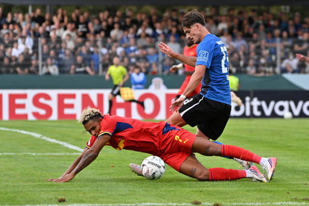 August 22, 2026, xjhx, Soccer, DFB Cup, First Round, Eintracht Trier vs. RB Leipzig: Antonio Nusa (RB Leipzig) vs. Frederik Rahn (SV Eintracht Trier 05), tackle, action, battle for the ball, Trier