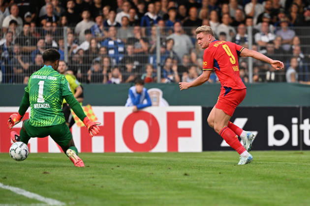 August 22, 2026, xjhx, Soccer DFB Cup 1st Round, Eintracht Trier vs. RB Leipzig, Conrad Harder Schandorff (RB Leipzig) goal scorer, scores the goal, goal, scores the goal 0–4 Leon Oumar substitution SV Eintracht Trier 05 Trier