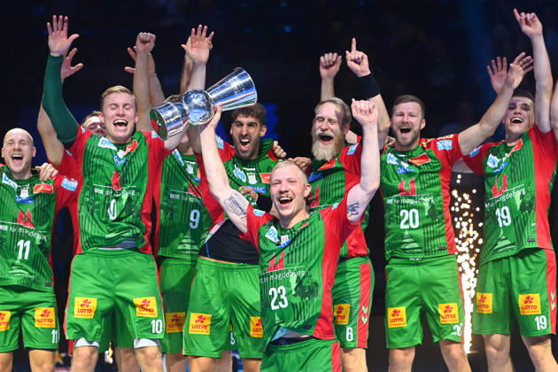 Award Ceremony: Magnus SAUGSTRUP, SC Magdeburg, with trophy, cup, player, team photo, team, squad, team photo, celebration,joy, excitement, handball Rexel Super Cup 2026 (men’s) SC Magdeburg vs. Füchse Berlin 38–30 on August 22, 2026, SAP GARDEN, Munich