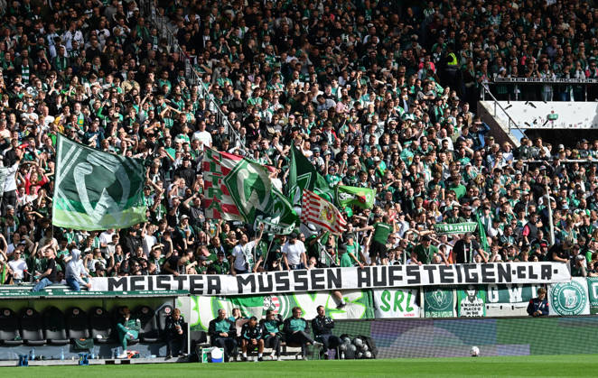 August 22, 2026, GER Soccer, Men, DFB Cup, 1st Round, 2026–2027 Season, Hamburg, Lüneburger SK vs. Werder Bremen – Feature: Fans from Bremen display banners. DFB and DFL regulations prohibit any use of photographs as image sequences and or quasi-video. Hamburg Millerntorstadion, Hamburg, Germany Copyright: xnordphotoxGmbH xWitkex