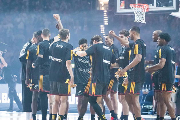 Basketball, 2026 Turkish Airlines Super Cup, Turkey vs. Croatia, Barclays Arena, Hamburg, August 22, 2026, Final: The German team gathers before the game