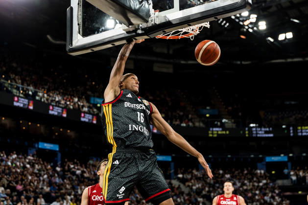 HAMBURG, GERMANY - AUGUST 22: Louis Olinde (Germany, 16) dunking the ball during the Turkish Airlines Basketball Supercup final match between Germany vs. Croatia at Barclays Arena on August 22, 2026 in Hamburg, Germany. Hamburg Germany Copyright: xSteffiexWunderlx
