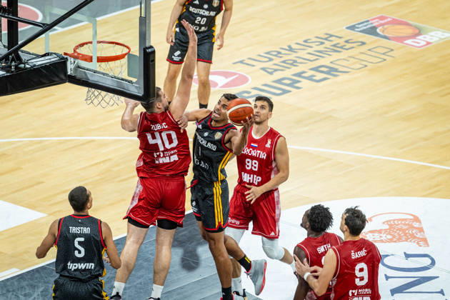 Basketball Hamburg, August 22, 2026 Turkish Airlines Super Cup 2026 Final Germany (GER) vs. Croatia (CRO) Oscar da Silva (Germany, No. 01), Ivica Zubac (Croatia, No. 40), Toni Nakic (Croatia, No. 99)