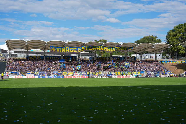 August 22, 2026, xydrx, Soccer, DFB Cup, 1 FC Saarbrücken vs. Hertha BSC, 2026–2027 season, Ludwigsparkstadion Overview: Sold-out home section. DFB regulations prohibit any use of photographs as image sequences and or quasi-video Copyright: HMBxMedia YannisxDreimann
