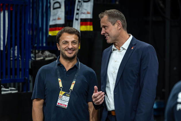 Basketball Hamburg, August 22, 2026—Turkish Airlines Supercup 2026 Final: Germany (GER) vs. Croatia (CRO)—Mithat Demirel (left), Peter Radegast (right)