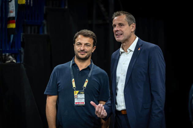 Basketball Hamburg, August 22, 2026—Turkish Airlines Supercup 2026 Final: Germany (GER) vs. Croatia (CRO)—Mithat Demirel (left), Peter Radegast (right)