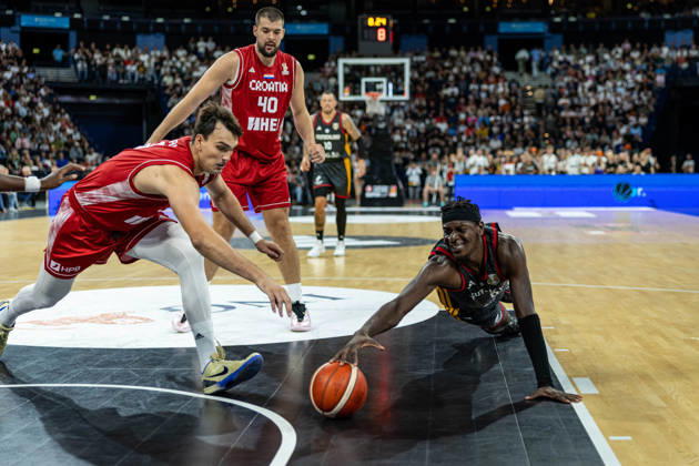 Basketball Hamburg, August 22, 2026—2026 Turkish Airlines Supercup Final: Germany (GER) vs. Croatia (CRO)—Isaac Bonga, Germany, No. 00