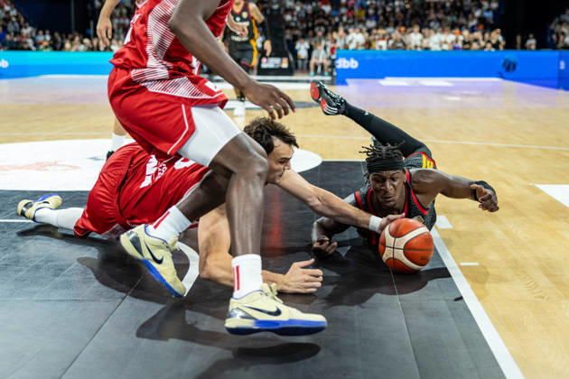 Basketball Hamburg, August 22, 2026—2026 Turkish Airlines Supercup Final: Germany (GER) vs. Croatia (CRO)—Isaac Bonga, Germany, No. 00