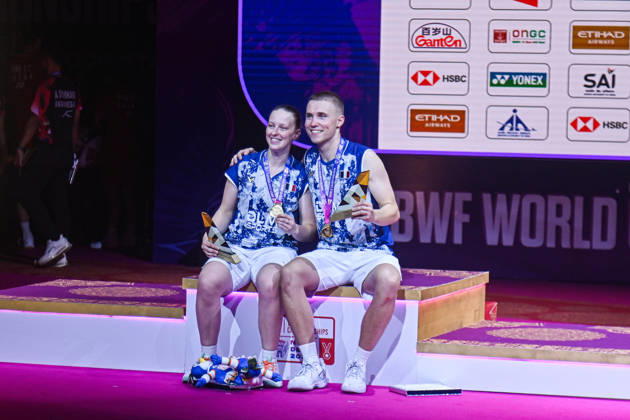 August 23, 2026, New Delhi, Delhi, India: France s Thom Gicquel and Delphine Delrue pose for pictures with their medals after winning the match against China s Feng Yan Zhe and Huang Dong Ping of the Mixed Doubles Finals of the BWF World Championships 2026 in New Delhi, India on August 23, 2026. India BWF Championships 2026 - ZUMAj168 20260823_zip_j168_008 Copyright: xKabirxJhangianix