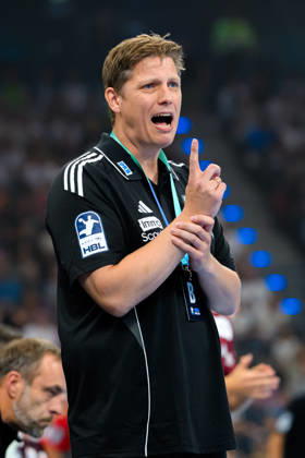 Munich HBL Super Cup 2026 SC Magdeburg Fuechse Berlin Coach Nicolej Krickau Berlin Gestures Gesturing Munich SAP Garden Bavaria Germany