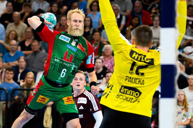 Munich HBL Super Cup 2026 SC Magdeburg, Fuechse Berlin, Matthias Musche (SC Magdeburg), Goalie Andreas Palicka, Berlin, Munich, SAP Garden, Bavaria, Germany
