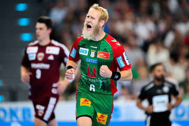 Munich HBL Super Cup 2026 SC Magdeburg, Fuechse Berlin, Matthias Musche, SC Magdeburg, celebration, joy, emotion, goal celebration, goal scorers, goal scorer, Munich, SAP Garden, Bavaria, Germany