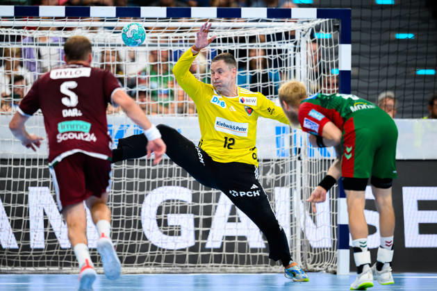 Munich HBL Super Cup 2026 SC Magdeburg, Fuechse Berlin; Goalie Andreas Palicka (Berlin), Matthias Musche (SC Magdeburg); Munich, SAP Garden, Bavaria, Germany