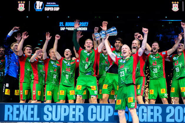 Munich HBL Super Cup 2026 SC Magdeburg, Fuechse Berlin, Magnus Saugstrup Jensen, SC Magdeburg, and SC Magdeburg win the Super Cup in Munich at the SAP Garden, Bavaria, Germany