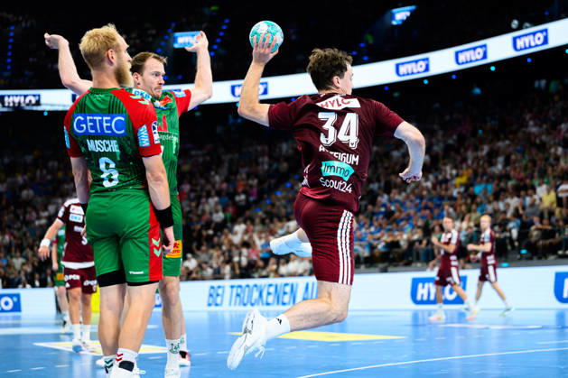 Munich HBL Super Cup 2026 SC Magdeburg vs. Fuechse Berlin (left: Tim Bennet Thielicke, SC Magdeburg; right: Hakun West, Teigum, Berlin) Munich SAP Garden Bavaria, Germany