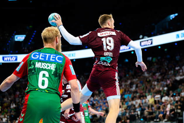 Munich HBL Super Cup 2026 SC Magdeburg vs. Fuechse Berlin; left: Matthias Musche (SC Magdeburg), Mathias Gidsel (Berlin); Munich SAP Garden, Bavaria, Germany
