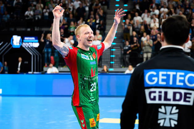 Munich HBL Super Cup 2026 SC Magdeburg, Fuechse Berlin, Magnus Saugstrup Jensen, SC Magdeburg, Final Celebration, Final Celebration, Emotion, Joy, Munich, SAP Garden, Bavaria, Germany