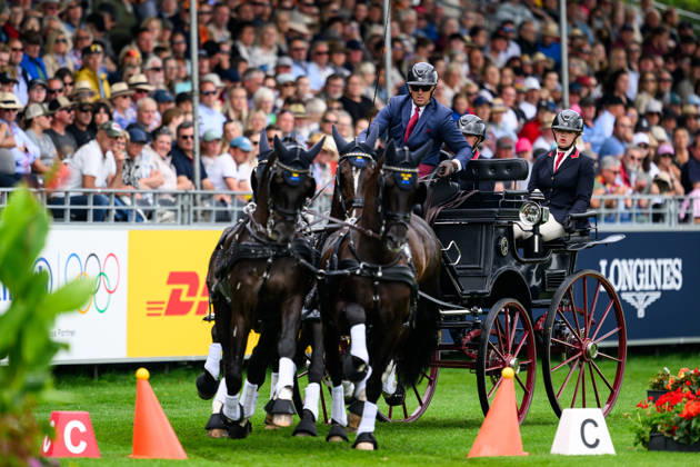 260823 Fredrik Persson of Sweden, with his horses Fasco, Kaptain, Judson, and Kermit, competes in the Four-in-Hand cones on Day 13 of the 2026 FEI World Championships on August 23, 2026 in Aachen. Photo by Emma Wallskog. BILDBYRAN code EW EW0700 four-in-hand driving cones precision Copyright: EMMAxWALLSKOG BB260823EW011