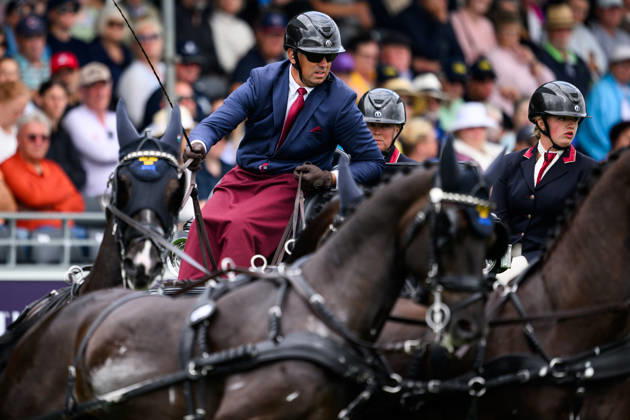 260823 Fredrik Persson of Sweden, with his horses Fasco, Kaptain, Judson, and Kermit, competes in the Four-in-Hand cones on Day 13 of the 2026 FEI World Championships on August 23, 2026 in Aachen. Photo by Emma Wallskog. BILDBYRAN code EW EW0700 four-in-hand driving cones precision Copyright: EMMAxWALLSKOG BB260823EW013