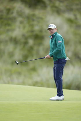 BALMEDIE, SCOTLAND - AUG 23: Albin Bergstrom (SWE) reacts after missing a putt on the eighth green during Round 4 at the 2026 Nexo Championship at the Trump International Golf Links, Balmedie on August 23, 2026 in Aberdeenshire, Scotland The 2026 Nexo Championship