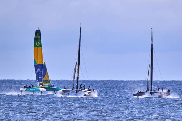 GER, Sail GP, Rockwool Germany Sail Grand Prix, Sassnitz, August 22–23, 2026, Germany, Saturday, August 23, 2026, Race Day 2, MUBADALA BRAZIL Sail GP Team Brazil Driver Martine Grael, DS AUTOMOBILES FRA Sail GP Team France Driver Quentin Delapierre, BLACK FOILS Sail GP Team New Zealand Driver Peter Burling, GER, Sail GP, Rockwool Germany Sail Grand Prix, Sassnitz, August 22–23, 2026, Germany, Saturday, August 23, 2026, Race Day 2, Copyright: xClaudiusxRauchx