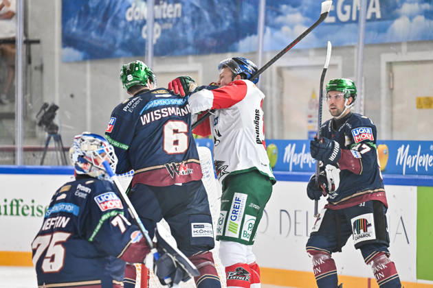 Dolomites Cup 2026: Eisbären Berlin vs. Augsburger Panther, August 23, 2026, NEUMARKT, ITALY, August 23: Kai WISSMANN of the Eisbären Berlin (No. 6) and Cameron WRIGHT of the Augsburger Panther (No. 16) face off during the exhibition game between the Eisbären Berlin and the Augsburger Panther at the Dolomiten Cup in the Würth Arena in Neumarkt Copyright: xBEAUTIFULxSPORTS Goldbergx