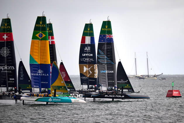GER, Sail GP, Rockwool Germany Sail Grand Prix, Sassnitz, August 22–23, 2026, Germany, Saturday, August 23, 2026, Race Day 2, BLACK FOILS Sail GP Team New Zealand Driver Peter Burling, DS AUTOMOBILES FRA Sail GP Team France Driver Quentin Delapierre, MUBADALA BRAZIL Sail GP Team Brazil Driver Martine Grael, ROCKWOOL RACING Sail GP Team Denmark Driver Nicolai Sehested, EXPLORA JOURNEYS SWISS Sail GP Team Switzerland Driver Sebastien Schneiter, GER, Sail GP, Rockwool Germany Sail Grand Prix, Sassnitz, August 22–23, 2026, Germany, Saturday, August 23, 2026, Race Day 2, Copyright: xClaudiusxRauchx