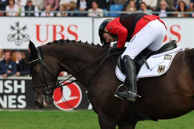 Marcus Ehning (GER), Germany, on his horse Coolio 42, looks for the lost stirrup, Show Jumping, FEI Jumping World Championship, FEI Jumping World Championship, Individual Final, Longines Prize, Jumping, AACHEN FEI World Championships 2026, World Festival of Equestrian Sports, 2026 Equestrian World Championships, Aachen 2026, Welcome Home 2026, Aachen Soers, August 11–23, 2026, Equestrian Sports, August 23, 2026, Aachen Soers, Germany
