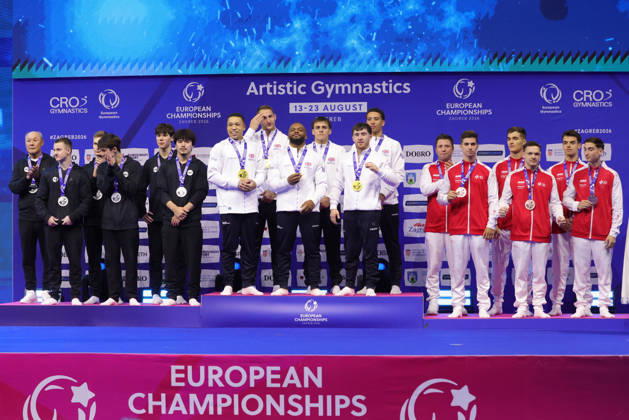 Winners from RUS, GBR, and SUI after the senior team final at the 2026 European Championships in Zagreb on August 23, 2026
