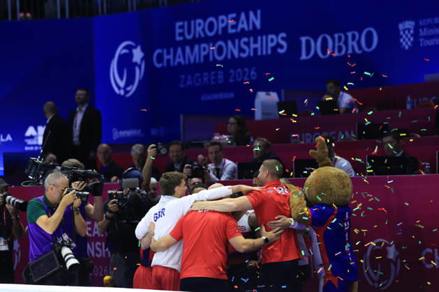 Zagreb, 23.08.2026. - 37TH EUROPEAN MEN™S ARTISTIC GYMNASTICS Men s Artistic Gymnastics Team Final SENIORS. The Great Britain team celebrates the victory, TULLOCH Courtney, HEPWORTH Harry, FRASER Joe, RUSHWORTH Jonas, SCOTT Sol Men s Artistic Gymnastics Team Final SENIORS  2S6A8659.JPG