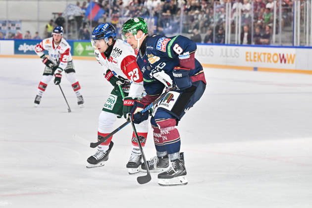 Dolomites Cup 2026 Eisbären Berlin vs. Augsburger Panther, August 23, 2026, NEUMARKT, ITALY, August 23: Tim WOHLGEMUTH of the Augsburger Panther (No. 33) and Kai WISSMANN of the Eisbären Berlin (No. 6) face off during the exhibition game between the Eisbären Berlin and the Augsburger Panther at the Dolomiten Cup in the Würth Arena in Neumarkt Copyright: xBEAUTIFULxSPORTS Goldbergx