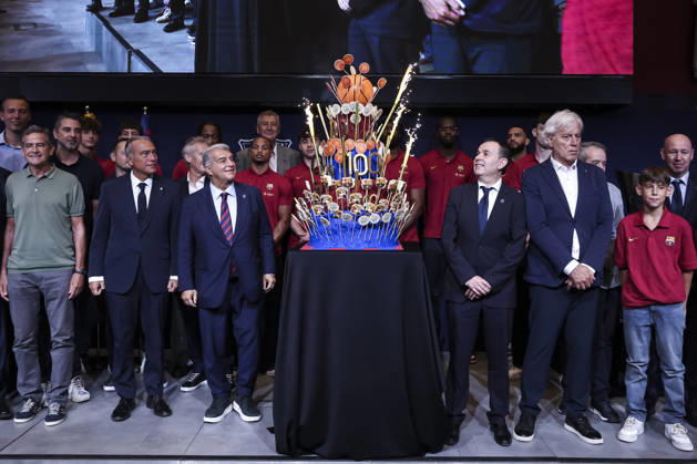 August 24, 2026, Barcelona, Barcelona, Spain: Joan Laporta, President of FC Barcelona, Barca with cake celebratory during presentation of the Centenary events of the FC Barcelona Basketball section at Auditori 1899 on August 24, 2026 in Barcelona, Spain. Barcelona Spain - ZUMAa181 20260824_zaa_a181_005 Copyright: xJavierxBorregox