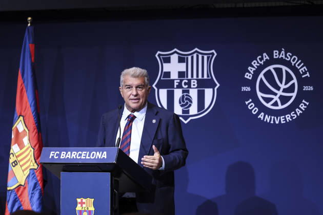 August 24, 2026, Barcelona, Barcelona, Spain: Joan Laporta, President of FC Barcelona, Barca speak during presentation of the Centenary events of the FC Barcelona Basketball section at Auditori 1899 on August 24, 2026 in Barcelona, Spain. Barcelona Spain - ZUMAa181 20260824_zaa_a181_006 Copyright: xJavierxBorregox