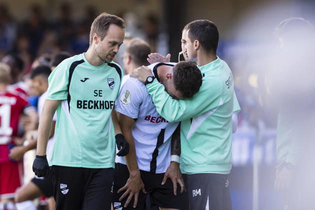 August 24, 2026, Soccer, 1st Round of the DFB Cup, SC Verl vs. Hamburger SV. Tim Heike of SC Verl is upset and has to be substituted due to injury. Verl Sportclub Arena, NRW, Germany. xRHR PHOTO DEx Copyright: DennisxEwert RHR-FOTOx RHR-FOTO DE