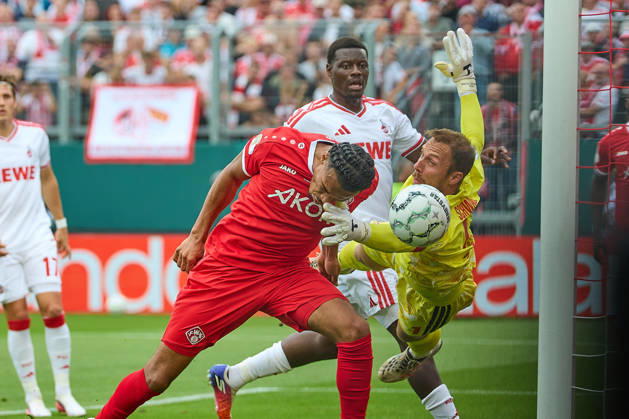 David Abrangao (FC Würzburger Kickers), scored in the 3rd minute against Marvin Schwaebe (1. FC Köln), 01, the goal—a header—giving FC Würzburger Kickers a 1–0 lead, GER, Würzburger Kickers vs. 1. FC Köln, soccer, men’s, DFB Cup, 1st Round, 2026–2027 season, August 24, 2026 DFL, DFB regulations prohibit any use of photographs as image sequences and or quasi-video GER, Würzburger Kickers vs. 1. FC Köln, Soccer, Men’s, DFB Cup, 1st Round, 2026–2027 season, August 24, 2026, Würzburg Copyright: xEibner-Pressefotox EP_ODS