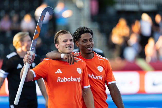 FIH Hockey World Cup: Netherlands v England AMSTELVEEN, NL - AUGUST 24: Terrance Pieters and Thijs van Dam of Netherlands during the FIH Hockey World Cup match between Netherlands and England at Wagener Stadion on August 24, 2026 in Amstelveen, Netherlands. Amstelveen Wagener Stadion Netherlands Content not available for redistribution in The Netherlands directly or indirectly through any third parties. Copyright: xMarcelxvanxPlateringenx