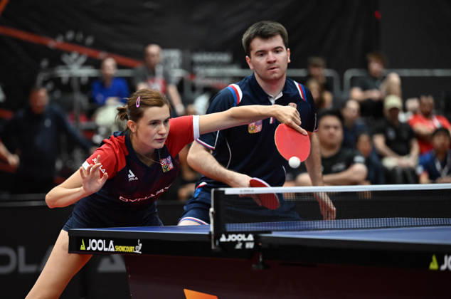 Second round of qualification mixed doubles of Table tennis, Tischtennis during the WTT Feeder Olomouc, Czech Republic, August 25, 2026. Nikita Petrovova, Jakub Kaucky of Czech Republic. (CTKxPhoto LudekxPerina) CTKPhotoP2026082503034  CTKPhotoP2026082503034