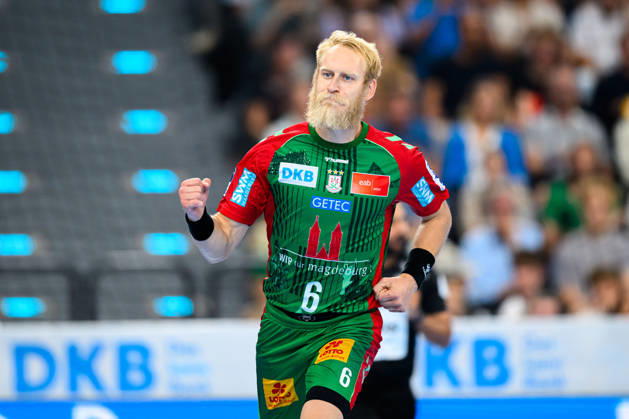 Munich HBL Super Cup 2026 SC Magdeburg Fuechse Berlin Matthias Musche SC Magdeburg Cheering Joy Emotion Goal Celebration Goal Scorers Goal Scorer Munich SAP Garden Bavaria Germany