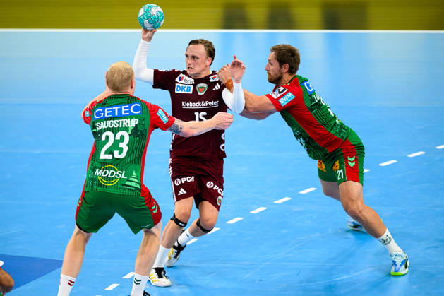 Munich HBL Super Cup 2026 SC Magdeburg vs. Füchse Berlin: Magnus Saugstrup Jensen (SC Magdeburg), Tobias Grondahl (Berlin), Albin Lagergren (SC Magdeburg) – Munich SAP Garden, Bavaria, Germany