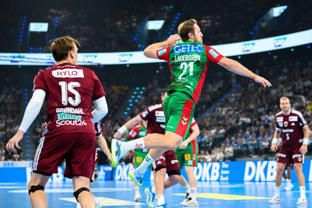Munich HBL Super Cup 2026 SC Magdeburg vs. Füchse Berlin; Tobias Grondahl (Berlin), Albin Lagergren (SC Magdeburg); Munich SAP Garden, Bavaria, Germany