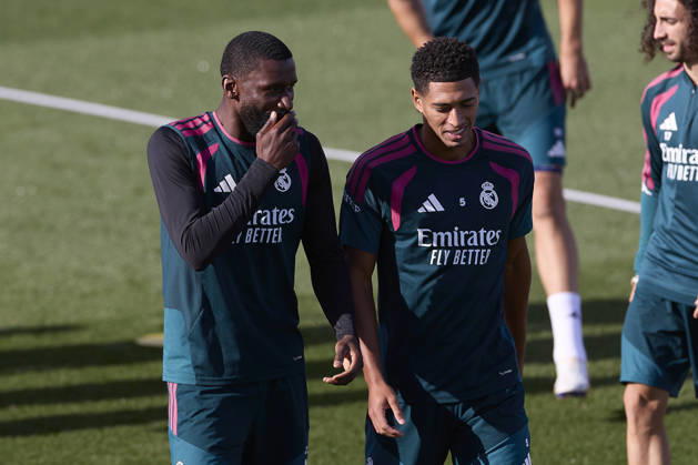 ESP Real Madrid Training Day: Antonio Rüdiger and Jude Bellingham of Real Madrid during the team s training session ahead of their LaLiga EA Sports match against Real Sociedad at the Real Madrid Sports Complex in Valdebebas, Madrid, on August 25, 2026, Spain, Madrid, Spain Copyright: xAgenciaxLOFx