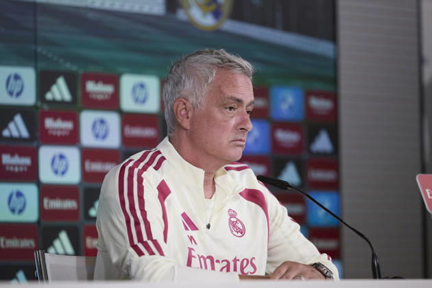 ESP Jose Mourinho, Real Madrid coach, attends a press conference. Jose Mourinho, head coach of Real Madrid, attends his press conference (PK, Pressekonferenz) during Real Madrid s training session ahead of the Spanish League match, LaLiga EA Sports, against Real Sociedad at the Real Madrid Training Center in Valdebebas, Madrid, on August 25, 2026, Spain Copyright: xAgenciaxLOFx
